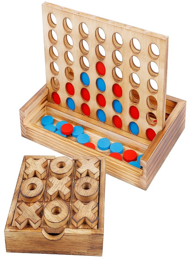 Glintoper Tic Tac Toe & 4 in a Row Tables Game Set, Classic Board Line Up 4 for Living Room Rustic Table Decor and Use as Game Top Wood Guest Room Decor Strategy Board Games for Families - Image 1